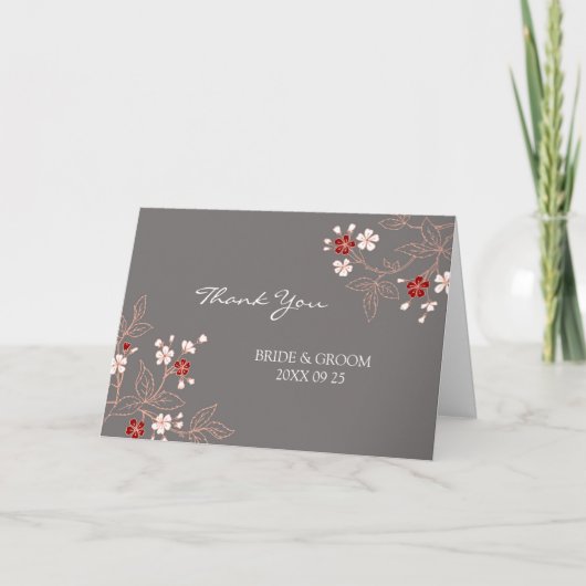 コーラルレッドグレイ ダマスク ウェディング サンクス カード (正面)