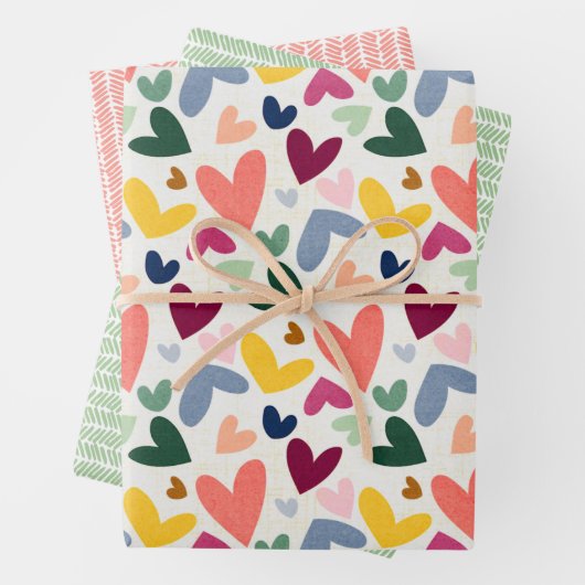 コーラルレッドサニーイエローグリーンハートアンドジグザグアート ラッピングペーパーシート (インサイチュ)