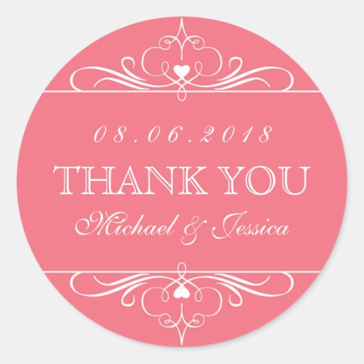 コーラルレッドスワールフローラ結婚オーナメントシール ラウンドシール (正面)