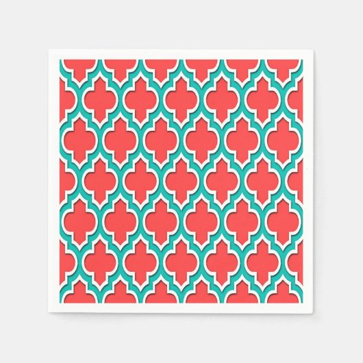 コーラルレッドティール(緑がかった色)ホワイトモロッコクローバー#4DS スタンダードカクテルナプキン (正面)
