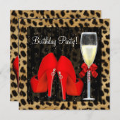 コーラルレッドハイヒールパーティー 誕生日 レオパード 招待状 (正面/裏面)