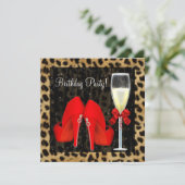 コーラルレッドハイヒールパーティー 誕生日 レオパード 招待状 (スタンド正面)