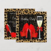 コーラルレッドハイヒールレパード誕生日 招待状 (正面/裏面)