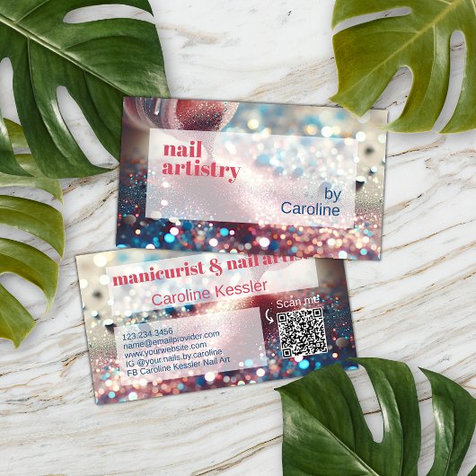 コーラルレッドピンクアクアダークブルーグリッター爪、 ネイルポーランド 名刺