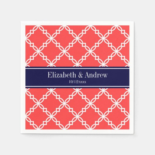 コーラルレッドファンシークローバーネイビーネームモノグラム スタンダードカクテルナプキン (正面)