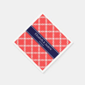 コーラルレッドファンシークローバーネイビーネームモノグラム スタンダードカクテルナプキン (角)