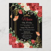 コーラルレッドフラワーバタフライミスXVアノス誕生日 招待状 (正面/裏面)