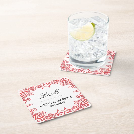 コーラルレッドフローラスワールカールデコアートウェディングパーティー スクエアペーパーコースター (インサイチュ)