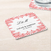 コーラルレッドフローラスワールカールデコアートウェディングパーティー スクエアペーパーコースター (アングル)