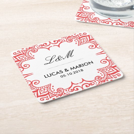 コーラルレッドフローラスワールカールデコアートウェディングパーティー スクエアペーパーコースター (アングル)