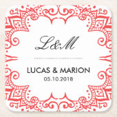 コーラルレッドフローラスワールカールデコアートウェディングパーティー スクエアペーパーコースター (正面)