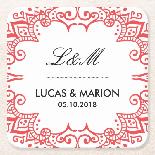 コーラルレッドフローラスワールカールデコアートウェディングパーティー スクエアペーパーコースター (正面)