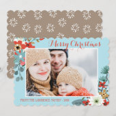 コーラルレッドフローラブルークリスマスフォト シーズンカード (正面/裏面)