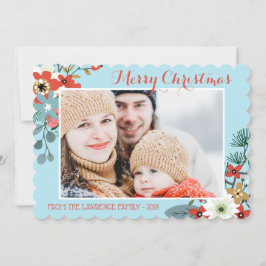 コーラルレッドフローラブルークリスマスフォト シーズンカード