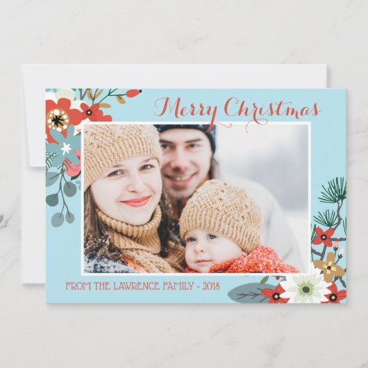 コーラルレッドフローラブルークリスマスフォト シーズンカード (正面)