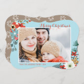 コーラルレッドフローラブルークリスマスフォト シーズンカード (正面/裏面)