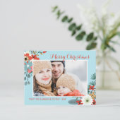 コーラルレッドフローラブルークリスマスフォト シーズンポストカード (スタンド正面)