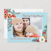 コーラルレッドフローラブルークリスマスフォト シーズンポストカード (正面/裏面)