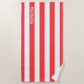 コーラルレッドホワイトカバナストライプ ビーチタオル (正面)