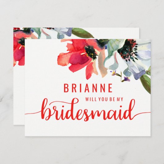 コーラルレッドポピーフローラは私の花嫁になる 招待状 (正面/裏面)