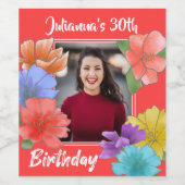 コーラルレッドモダンフローラハッピーバースデーフォト ワインラベル (シングルラベル)