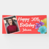 コーラルレッドモダンフローラハッピーバースデーフォト 横断幕 (横)