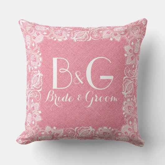 コーラルレッドリネン&ホワイトレースフレーム クッション (正面)