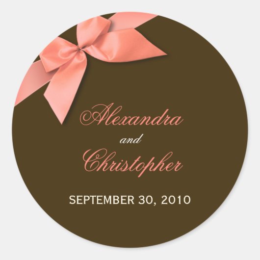 コーラルレッドリボン結婚式招待状発表 ラウンドシール (正面)