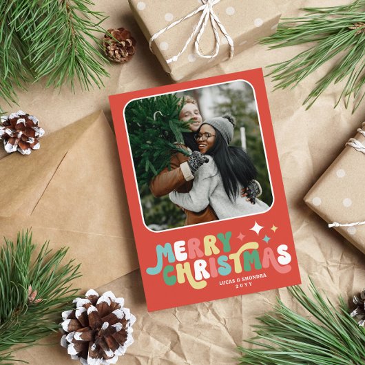 コーラルレッドレトログルービーメリークリスマス シーズンカード