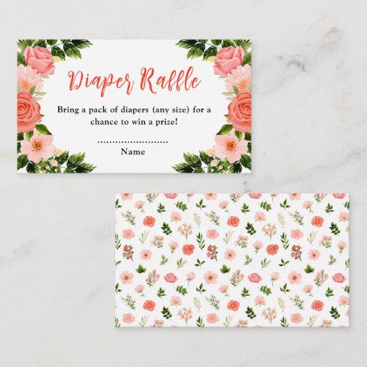 コーラルレッドローゼズフローラベビーシャワーおむつラッフル エンクロージャーカード (正面/裏面)