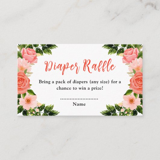 コーラルレッドローゼズフローラベビーシャワーおむつラッフル エンクロージャーカード (正面)