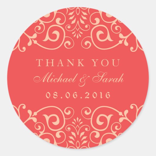 コーラルレッドヴィンテージスワールフラワーありがとうステッカー ラウンドシール (正面)