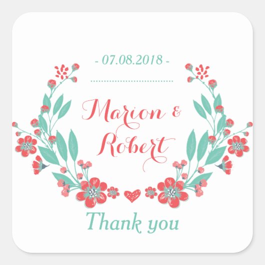 コーラルレッドヴィンテージフラワー結婚ズサンキューステッカー スクエアシール (正面)