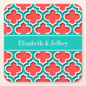 コーラルレッド、ティール（緑がかった色）モロッコ#5DSティール（緑がかった色）名モノグラム スクエアペーパーコースター (正面)