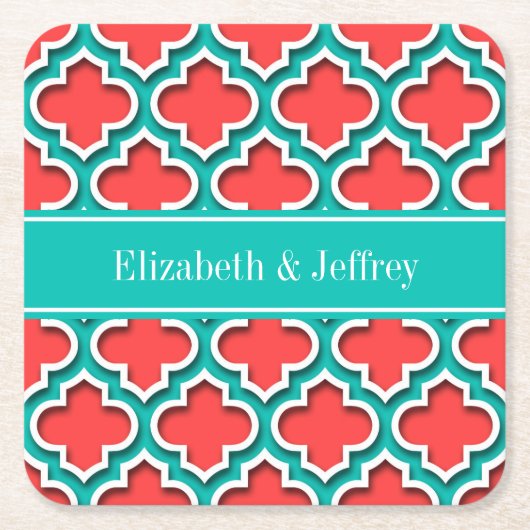 コーラルレッド、ティール(緑がかった色)モロッコ#5DSティール(緑がかった色)名モノグラム スクエアペーパーコースター (正面)