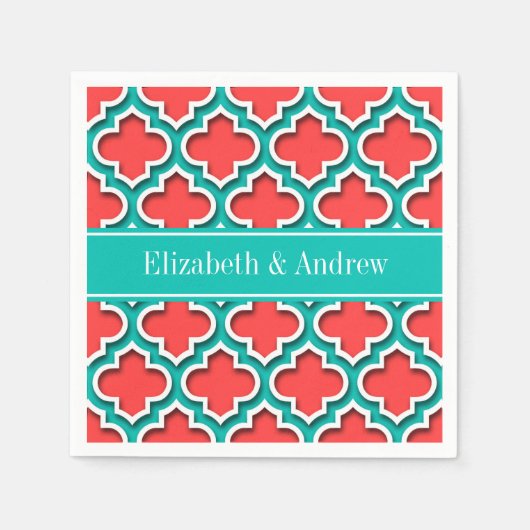 コーラルレッド、ティール(緑がかった色)モロッコ#5DSティール(緑がかった色)名モノグラム スタンダードカクテルナプキン (正面)