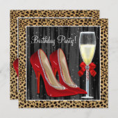 コーラルレッド ハイヒール シューズ レオパード 誕生日 招待状 (正面/裏面)