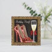 コーラルレッド ハイヒール レパード柄 誕生日 招待状 (スタンド正面)