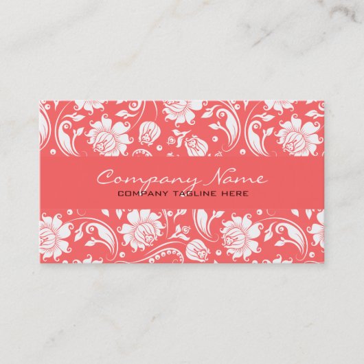 コーラルレッド&ホワイトヴィンテージフローラダム 名刺 (正面)