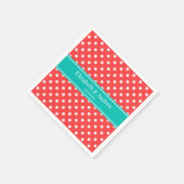 コーラルレッド、ホワイト水玉模様ティール(緑がかった色)名モノグラム スタンダードカクテルナプキン (角)