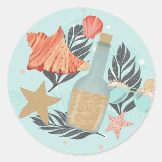 コーラルレッド&ミントビーチボトル&シーシェル ラウンドシール (正面)