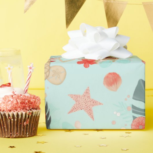 コーラルレッド&ミントビーチ模様 ラッピングペーパー (誕生日パーティー)