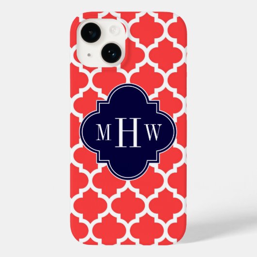 コーラルレッド 白 モロッコ #5 ネイビー 3イニシャル モノグラム Case-Mate iPhoneケース (裏面)