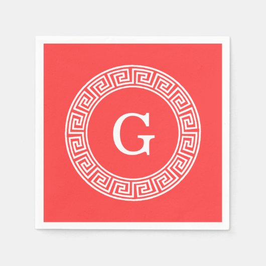 コーラルレッドWhtギリシャ鍵Rndフレームイニシャルモノグラム スタンダードカクテルナプキン (正面)