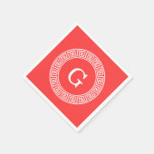 コーラルレッドWhtギリシャ鍵Rndフレームイニシャルモノグラム スタンダードカクテルナプキン (角)