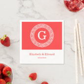 コーラルレッドWhtギリシャ鍵Rndフレームイニシャルモノグラム スタンダードカクテルナプキン (インサイチュ)