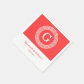 コーラルレッドWhtギリシャ鍵Rndフレームイニシャルモノグラム スタンダードカクテルナプキン (角)