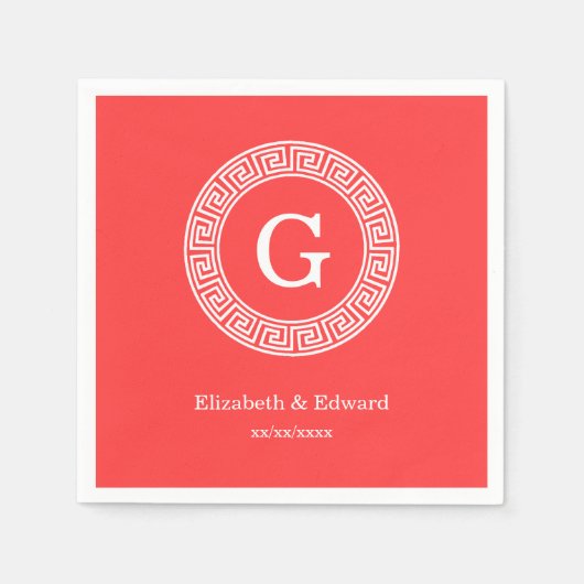 コーラルレッドWhtギリシャ鍵Rndフレームイニシャルモノグラム スタンダードカクテルナプキン (正面)