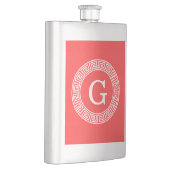 コーラルレッドWhtギリシャ鍵Rndフレームイニシャルモノグラム フラスク (右)