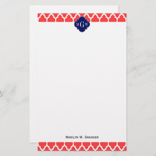 コーラルレッドWhtモロッコ#4海軍の名前モノグラム 便箋 (正面/裏面)